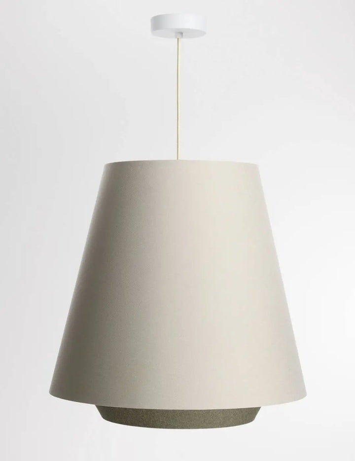 Suspension luminaire textile doblo crème avec abat-jour conique en tissu mat et fixation plafond circulaire assortie