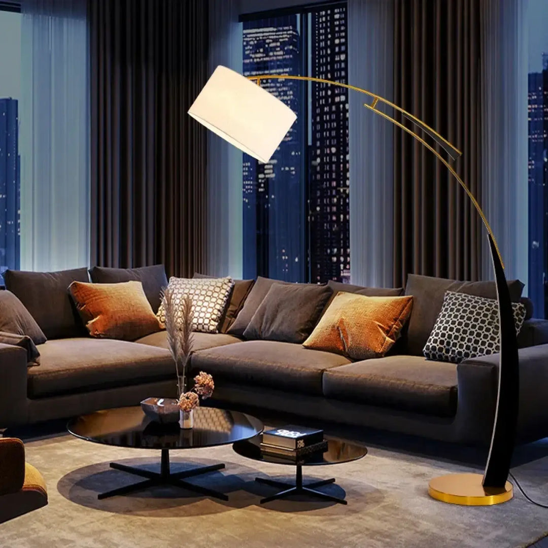 Lampadaire arc design moderne avec abat jour en tissu blanc
