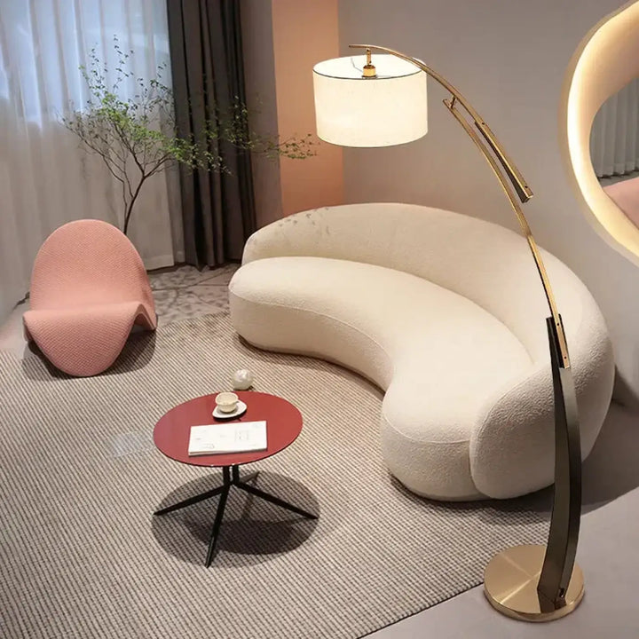 Lampadaire arc design moderne avec abat jour en tissu blanc
