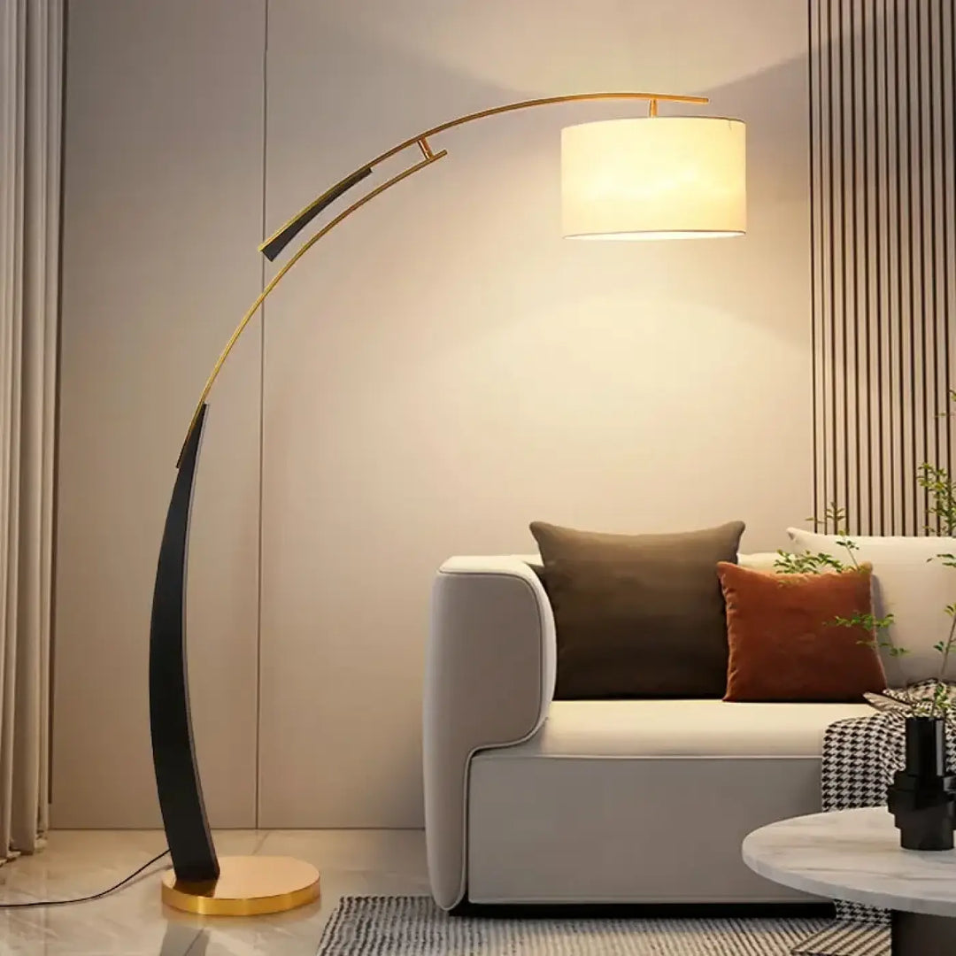 Lampadaire arc design moderne avec abat jour en tissu blanc