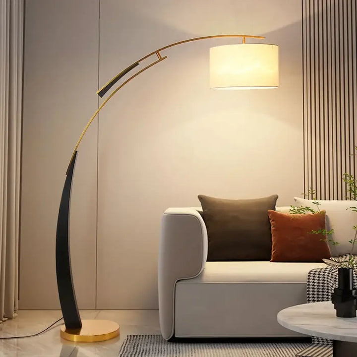 Lampadaire arc design moderne avec abat jour en tissu blanc