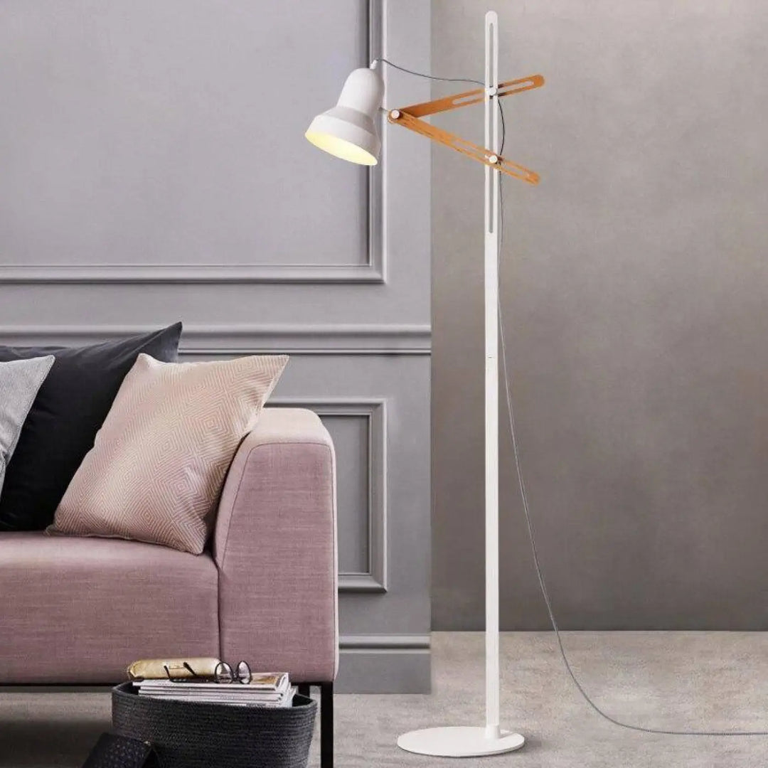 Lampadaire Blanc Et Bois À Abat-Jour Conique Noir Et Rose