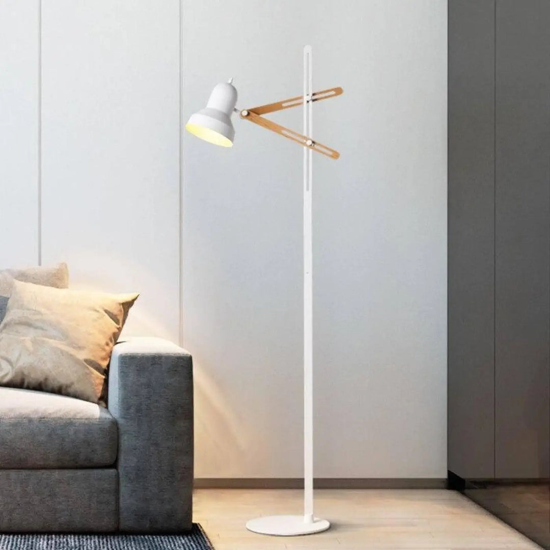Lampadaire Blanc Et Bois À Abat-Jour Conique Noir Et Rose