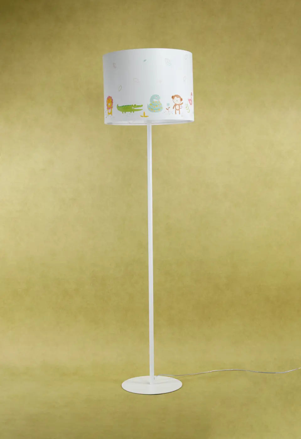 Lampadaire blanc enfant avec abat-jour cylindrique illustré d’animaux colorés pour chambre blanc enfant