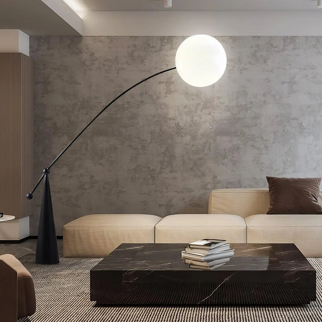 Lampadaire Boule Verre Noir Design Arc en Aluminium