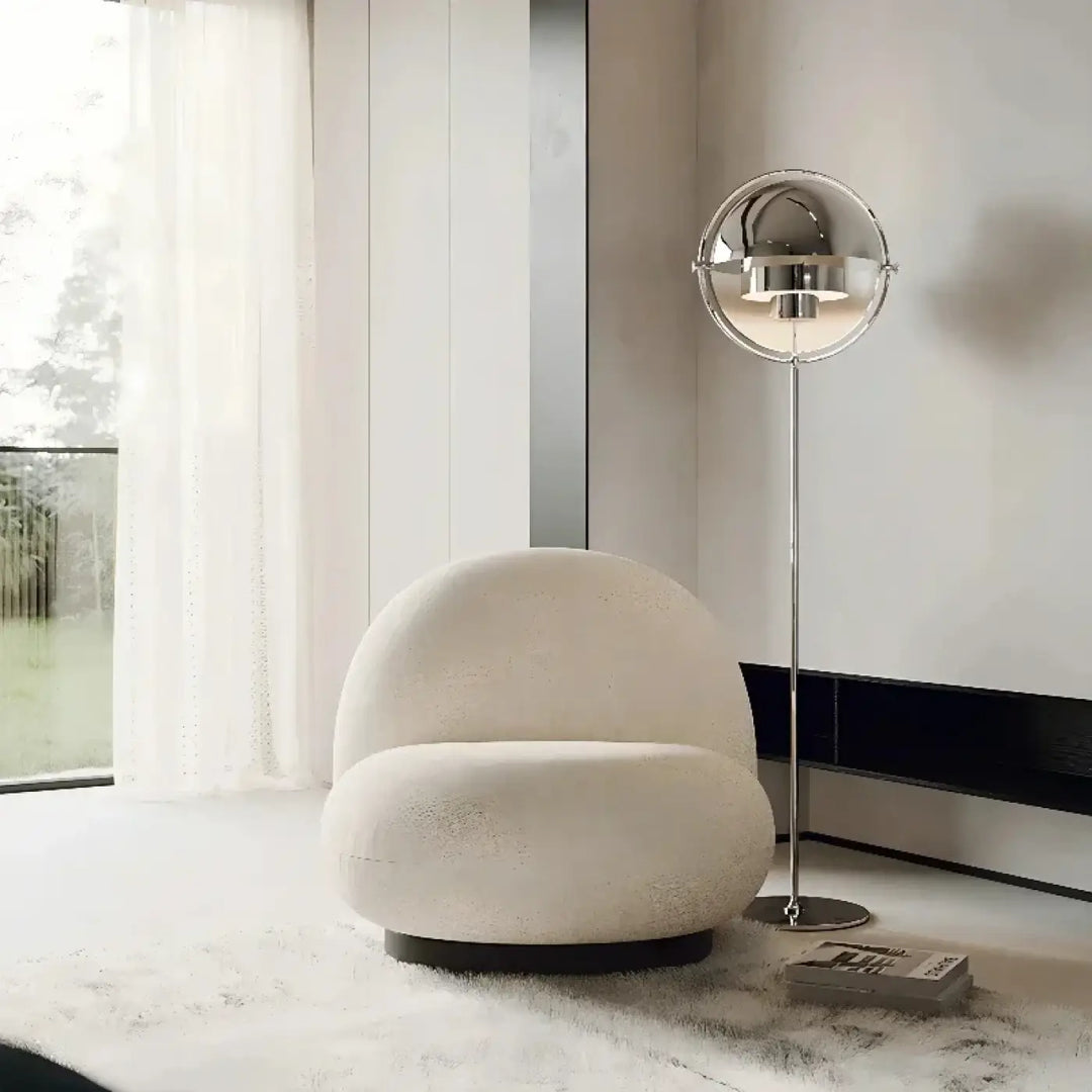 Lampadaire miror avec fauteuil arrondi crème en tissu texturé doux compatible 90-260v fer type robuste