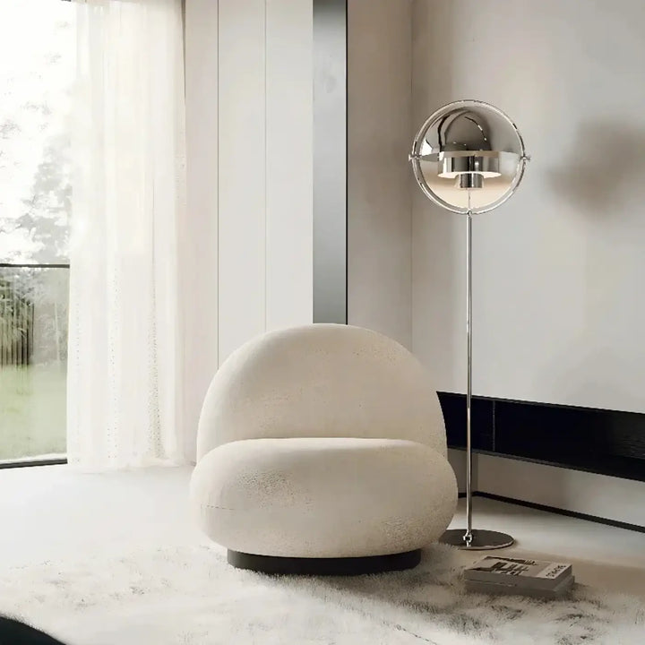 Lampadaire miror avec fauteuil arrondi crème en tissu texturé doux compatible 90-260v fer type robuste