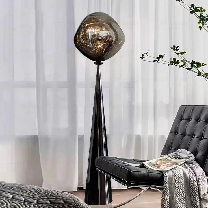 Lampadaire design en verre fumé ambré et chrome moderne