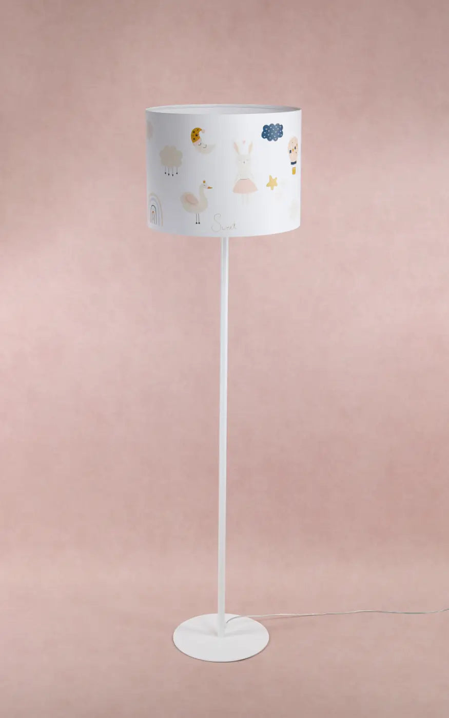 Lampadaire enfant blanc avec abat-jour cylindrique à motif douceur enchantée en pastel pour chambre d enfant
