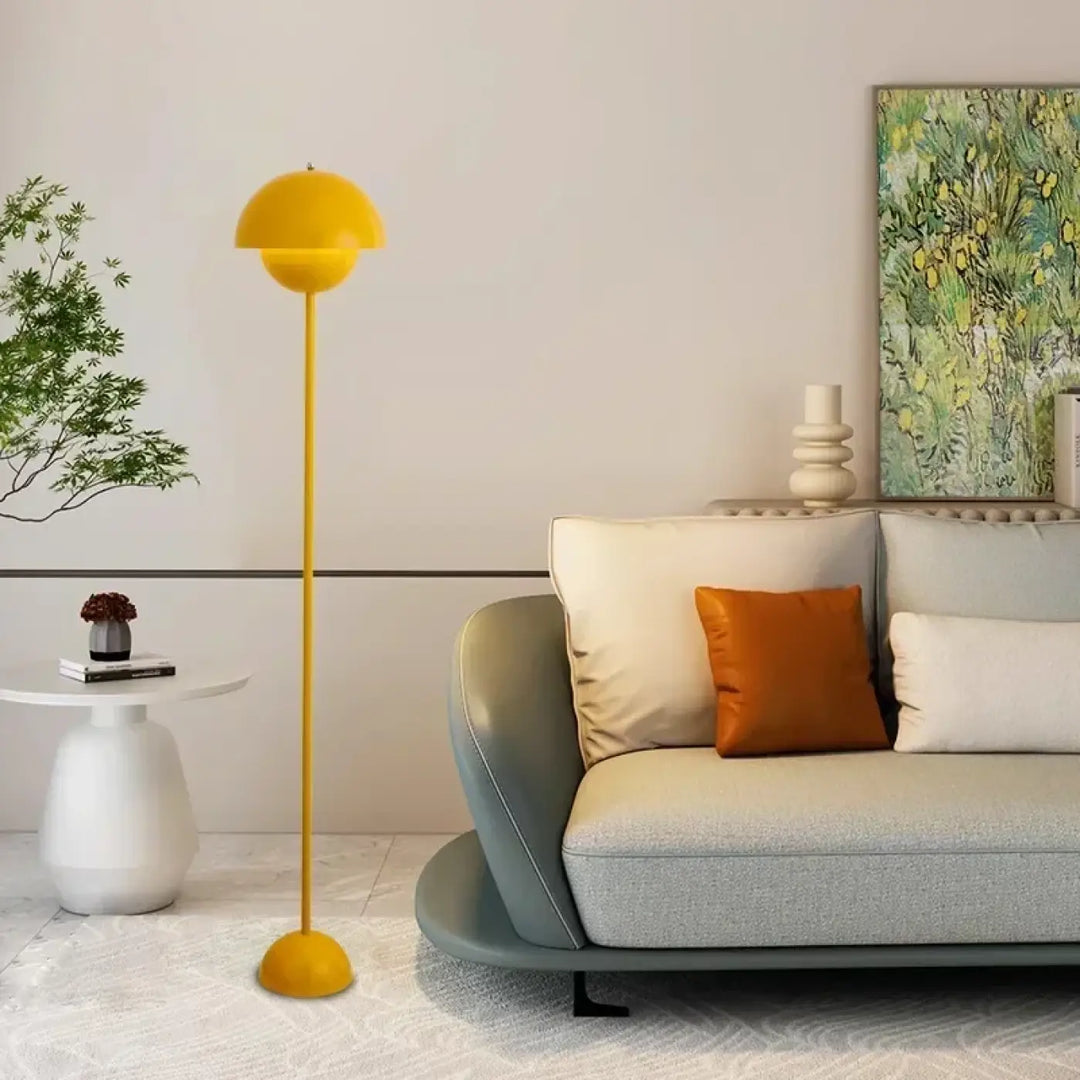 Lampadaire champignon nordique ledia jaune vif en métal lisse design moderne et élégant pour intérieur contemporain