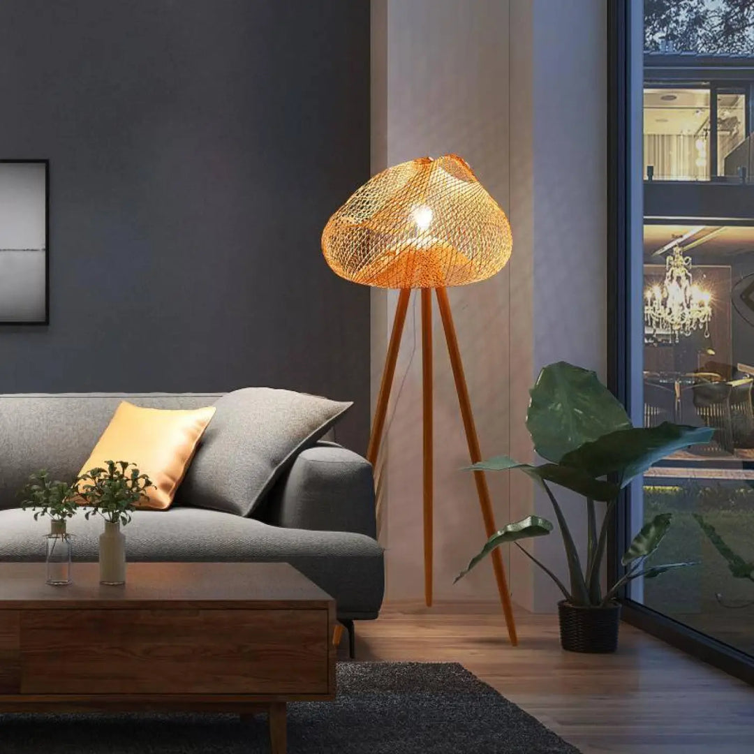 Lampadaire Sur Pied Rotin Beige à Forme Organique