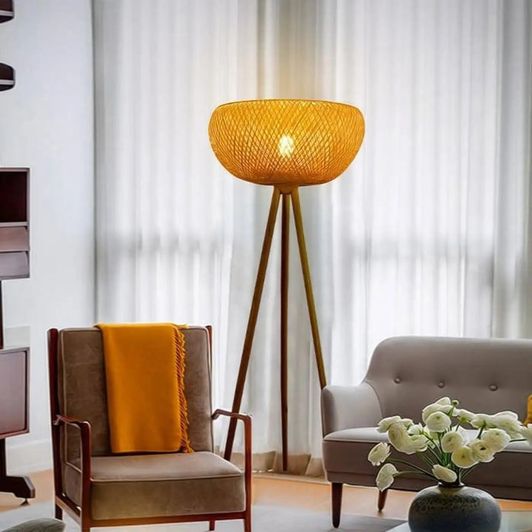 Lampadaire En Rotin Beige À Forme Calebasse Bambou Bois