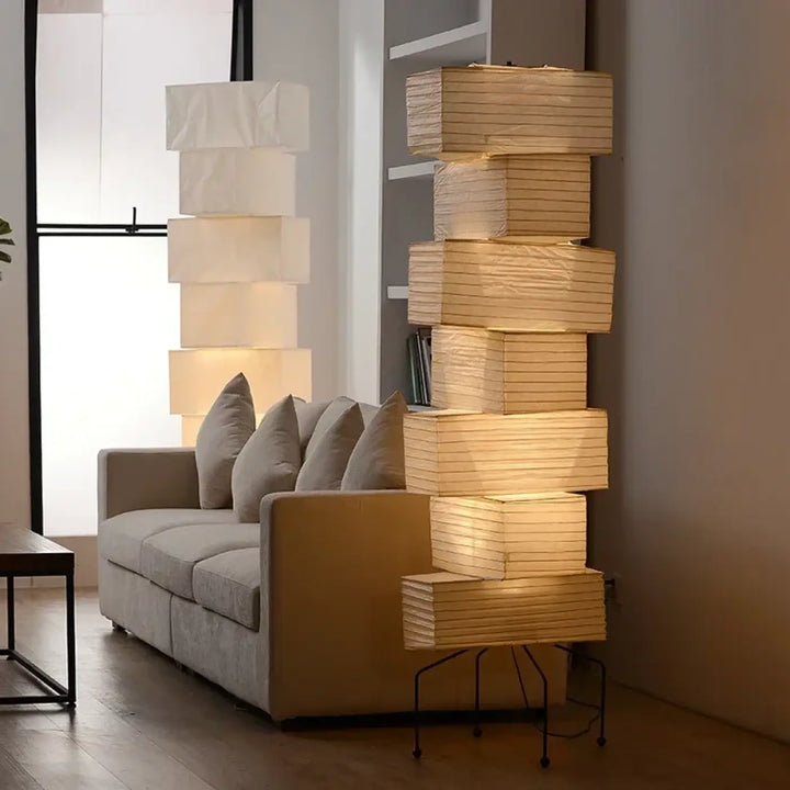 Lampadaire saki en papier de riz led avec lumière chaude et superposition inspiré par akari noguchi