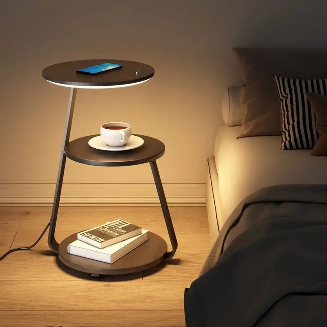 Table d’appoint aux lignes modernes avec étagères circulaires en bois foncé et anneau led intégré lampeadaire elara