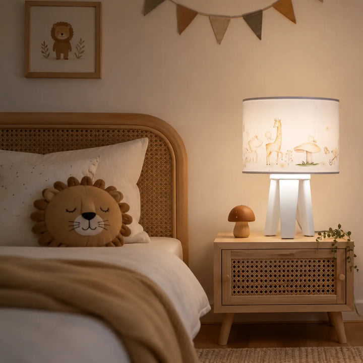 Lampe de table chevet blanche sweet dreams avec abat-jour cylindrique brodé animaux et pieds modernes style nature