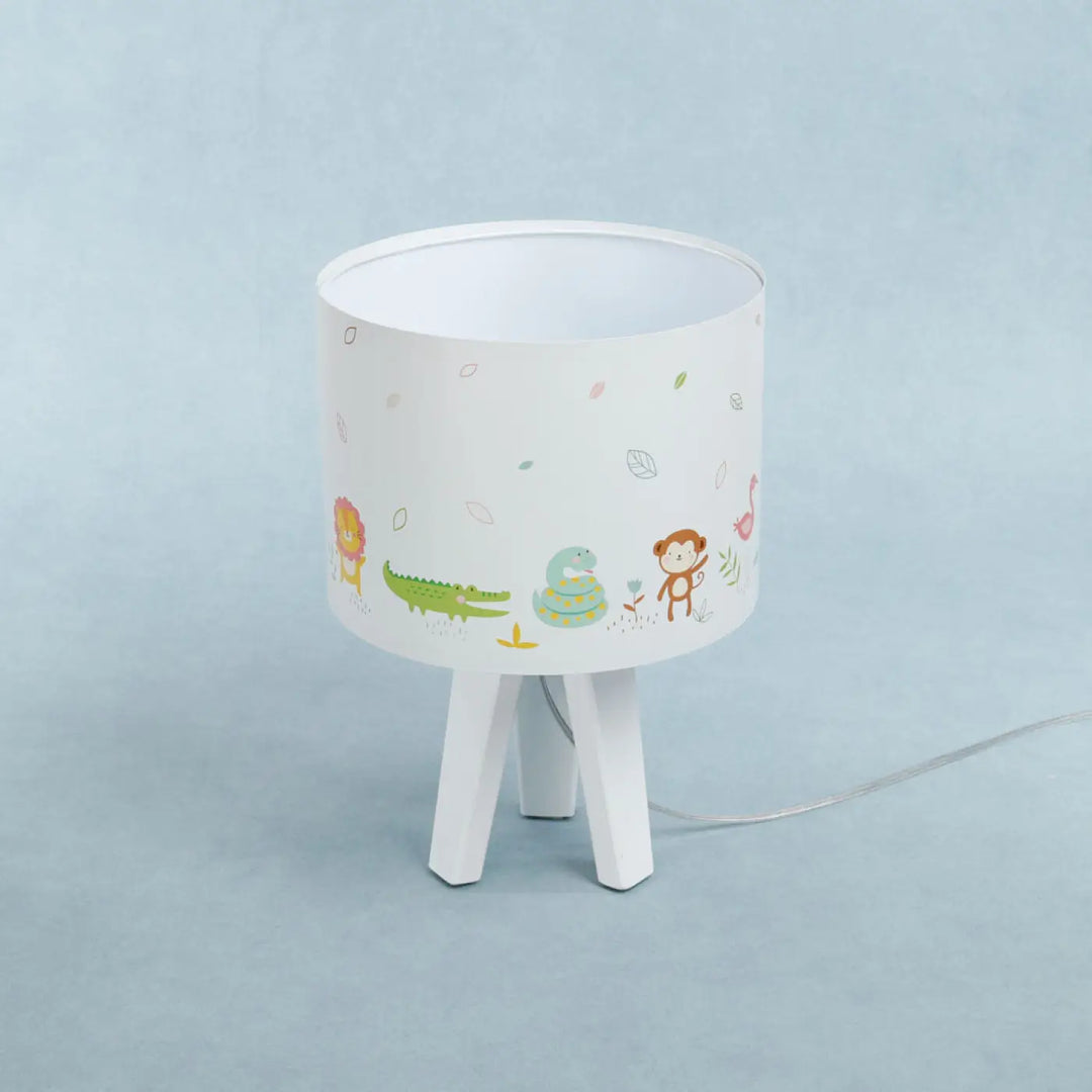 Lampe de table sweet dreams blanc vert clair avec abat-jour cylindrique blanc et adorables animaux exotiques colorés