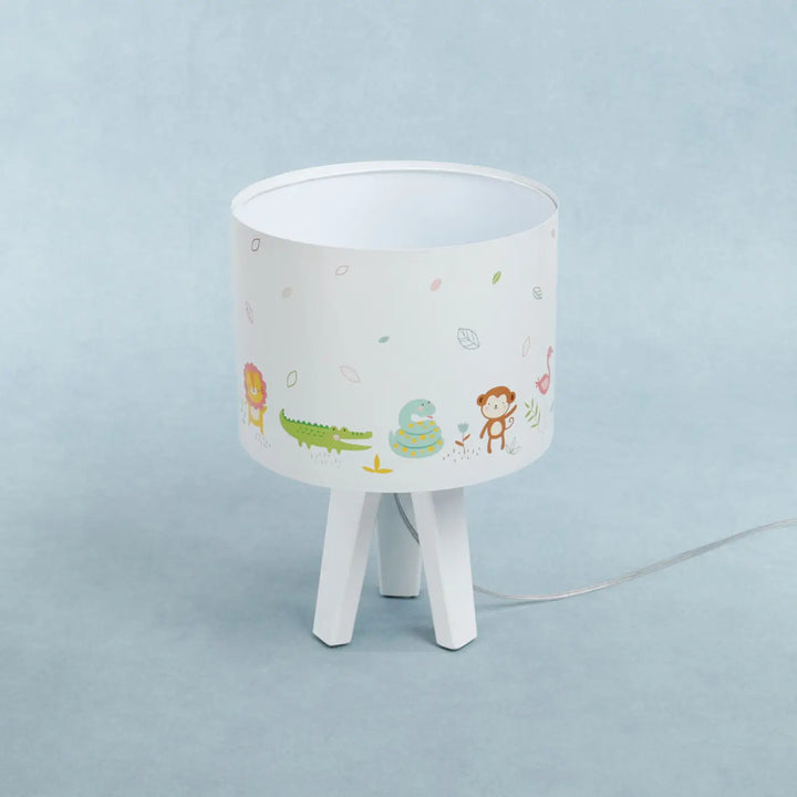 Lampe de table sweet dreams blanc vert clair avec abat-jour cylindrique blanc et adorables animaux exotiques colorés