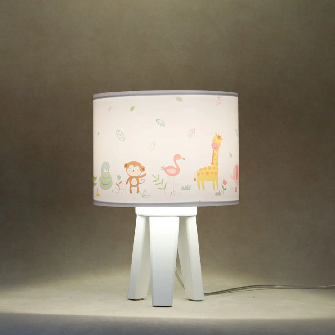 Lampe de table sweet dreams blanc vert clair avec abat-jour cylindrique aux adorables animaux exotiques cartoon