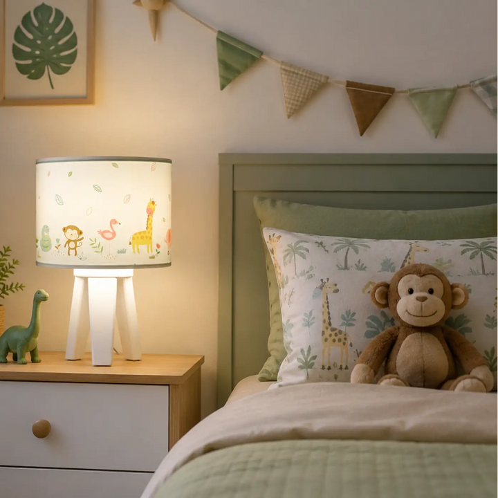 Lampe de table sweet dreams blanc vert clair avec abat-jour aux adorables animaux exotiques cartoon sur fond crème