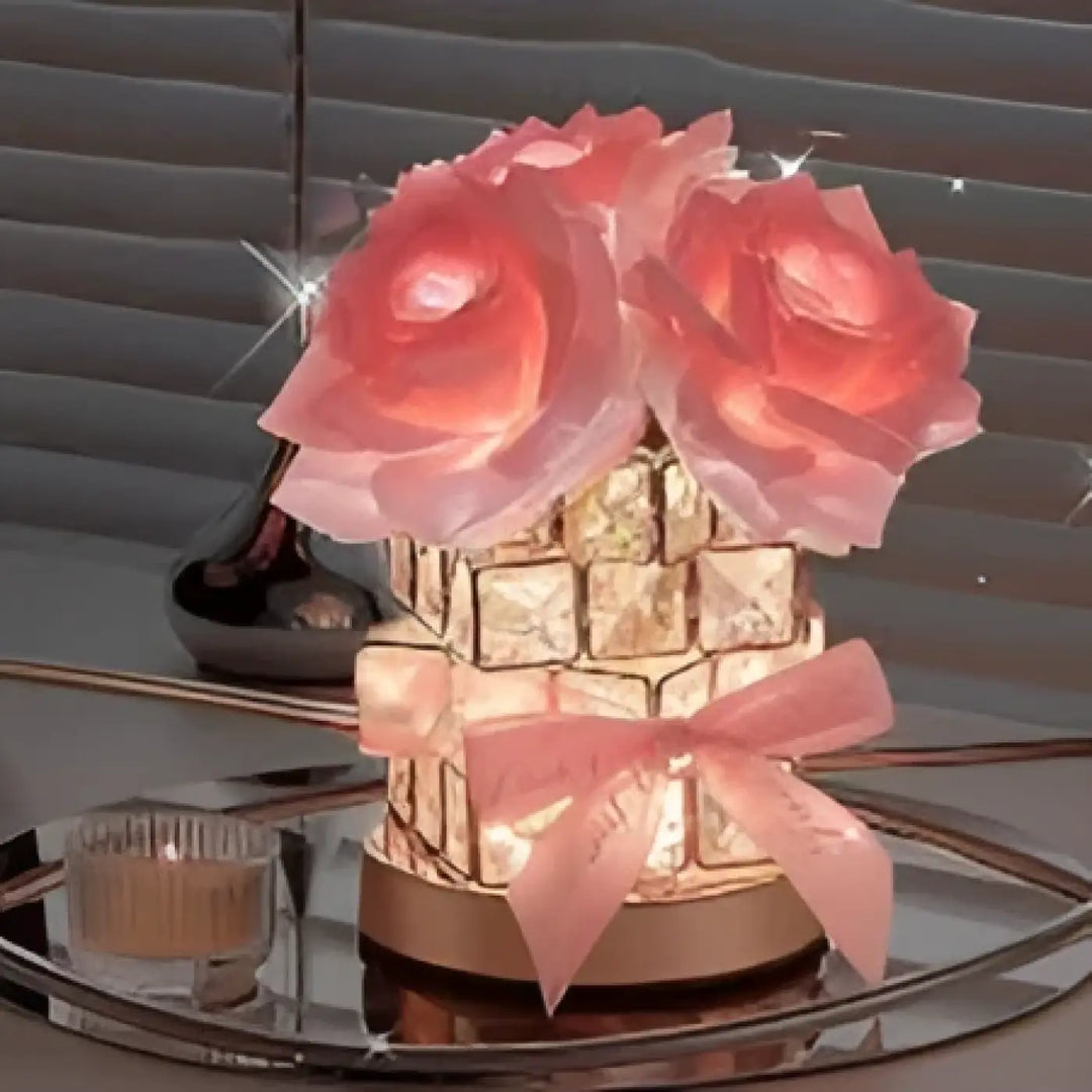 Lampe de chevet cryrosia en forme de rose rose avec base dorée à motif diamant et ruban décoratif pour lumière douce design floral