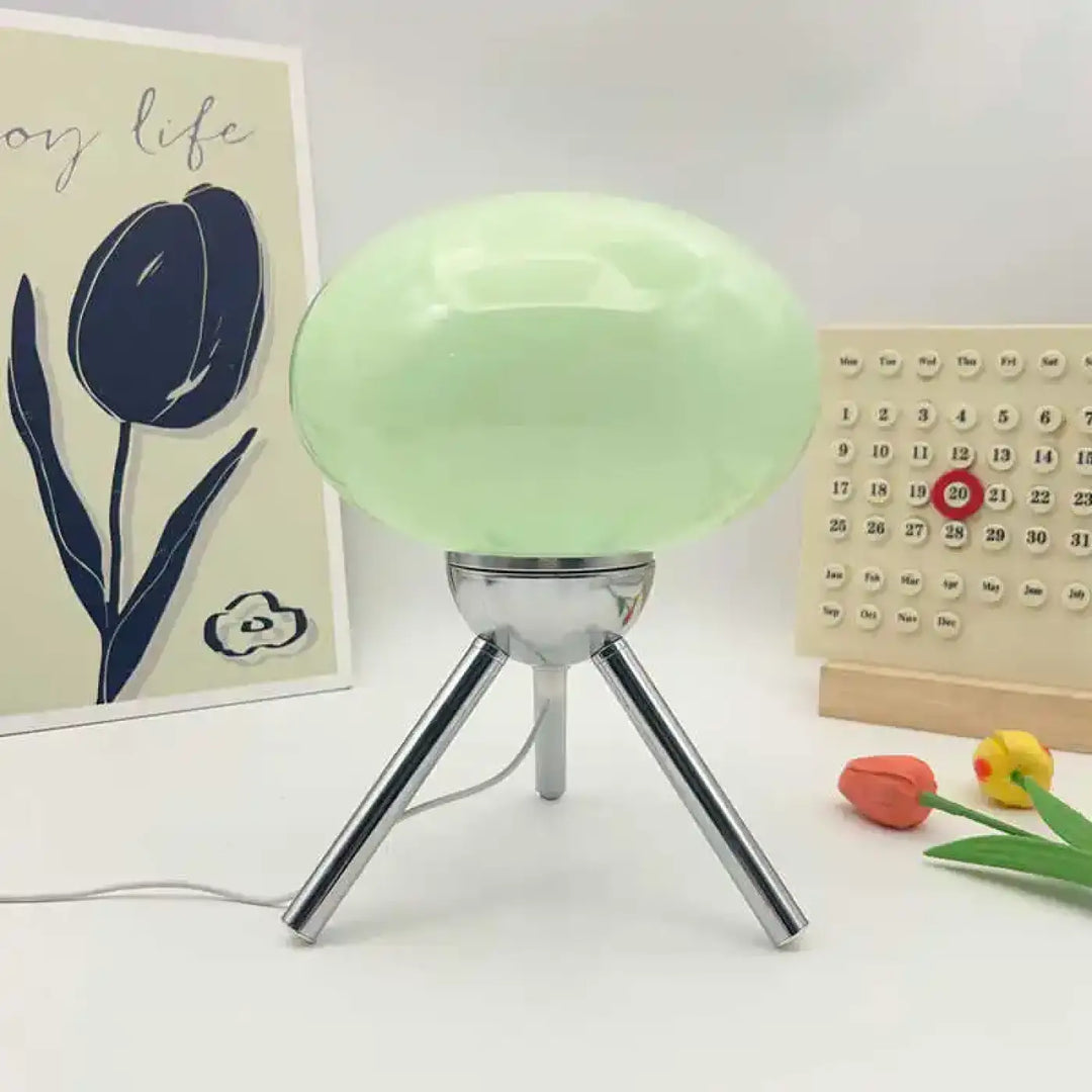 Lampe de chevet nordou en verre dépoli vert menthe avec socle tripode chrome style chevet champignon rétro