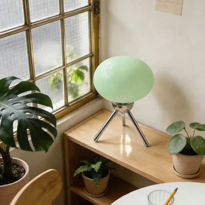 Lampe de chevet nordou en verre givré vert menthe avec pied tripode chrome style chevet champignon rétro