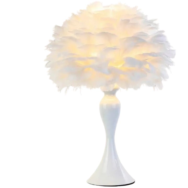Lampe de chevet Penna avec abat-jour en plumes blanches et base laquée noire élégante et moderne