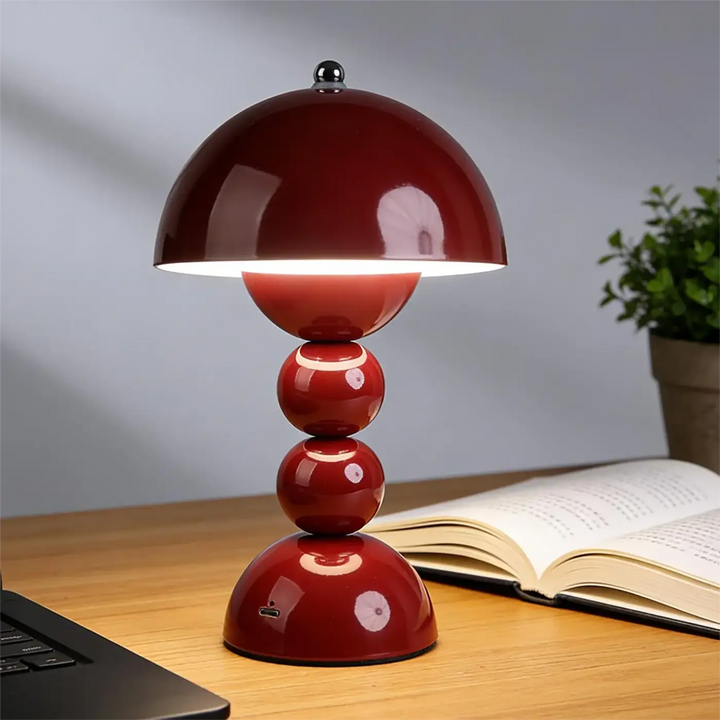 Lampe de table velvet rouge laqué avec design chevet rétro chic en forme de champignon brillante à base sphérique empilée