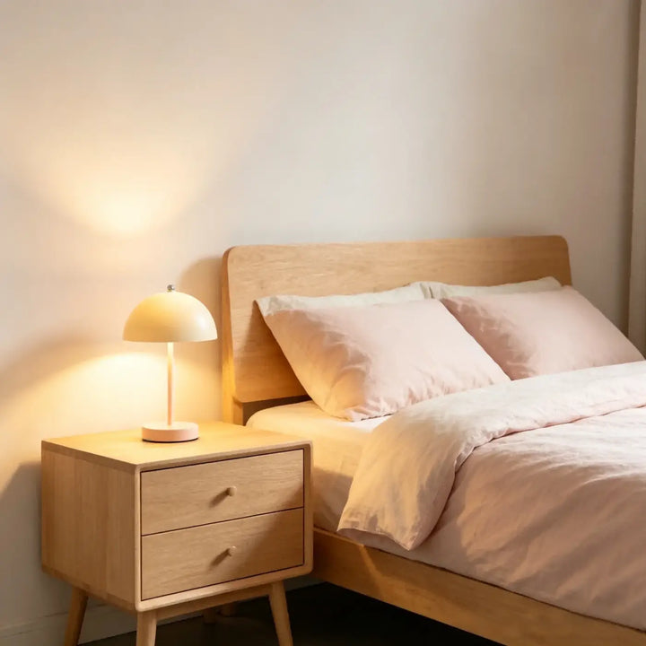 Nightstand en bois minimaliste avec deux tiroirs et lampe skadi au design scandinave pour éclairage tamisé et lumière douce