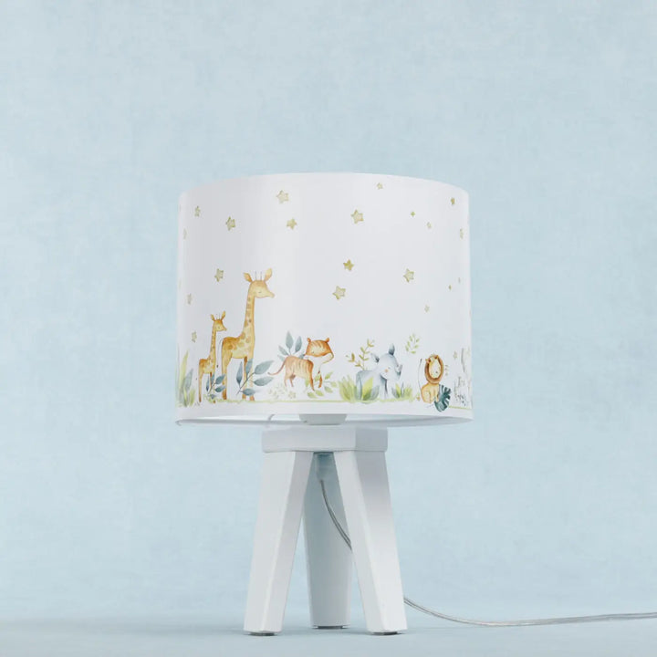 Lampe de table sweet dreams avec abat-jour blanc motifs animaliers en bois jaune idéale pour chevet enfant