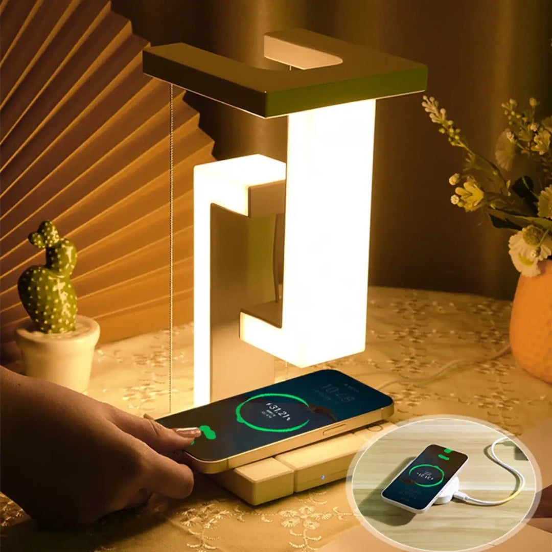 Lampe de chevet moderne avec lumière douce blanc et vert et base rectangulaire illuminée pour charge sans fil