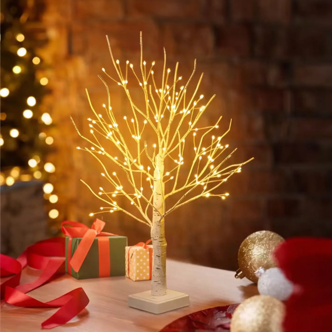 Lampe scintilla arbre lumineux décoratif doré avec tronc et branches en bouleau sur base blanche