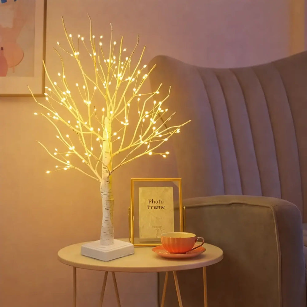 Lampe scintilla arbre lumineux décoratif blanc style bouleau avec lumières chaudes le long des branches