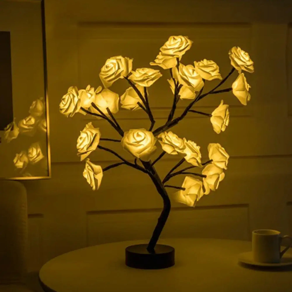 Lampe de chevet lirose en forme d’arbre orné avec branches noires et roses blanches lumineuses, lampe décorative élégante