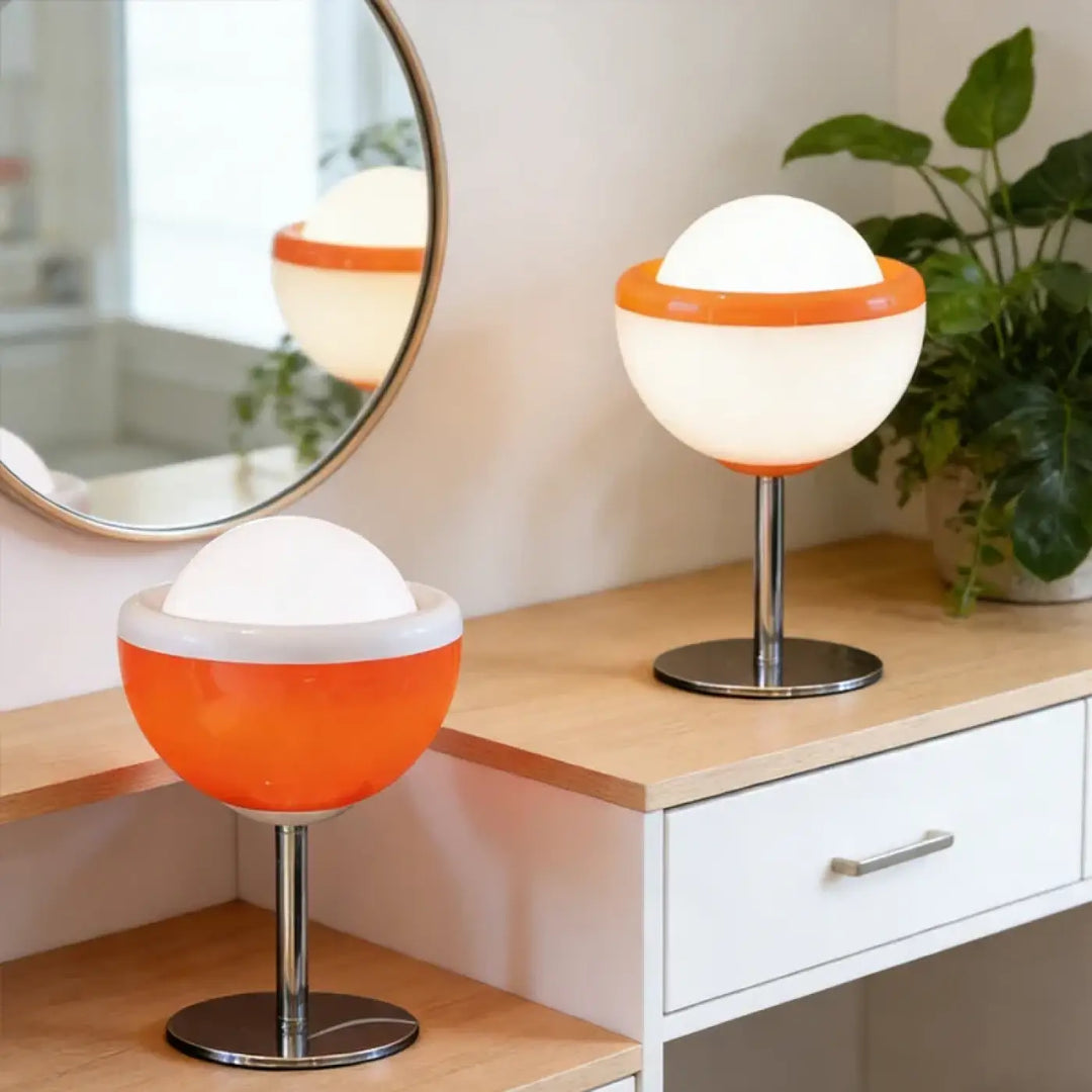 Lampe de table maniiy sphérique orange et blanche avec pied chrome lampe led forme sphérique table orange