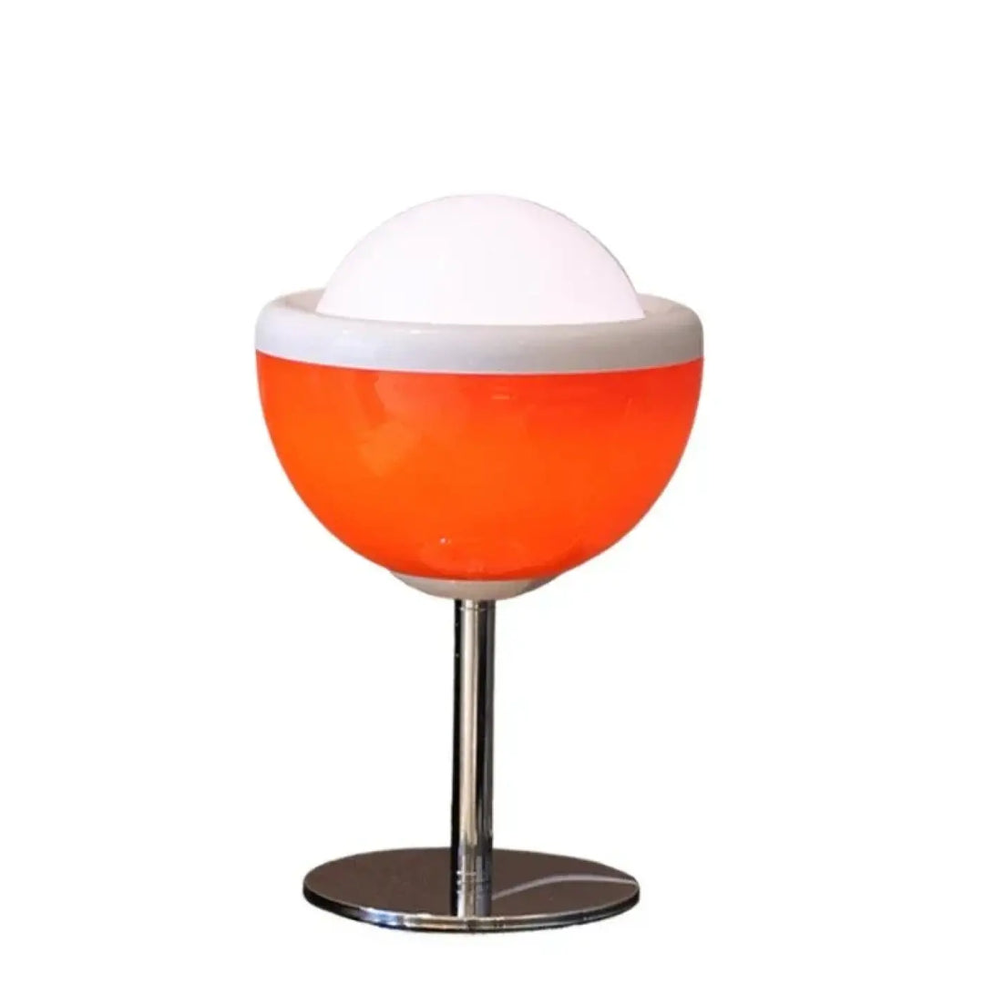 Lampe led de table maniiy forme sphérique orange et blanche avec tige et base chrome style verre à cocktail