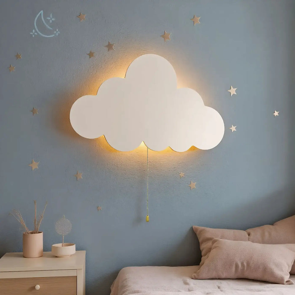 Lampe murale nuage blanche douce avec lumière jaune chaude et chaîne de tirage pour décoration intérieure cations