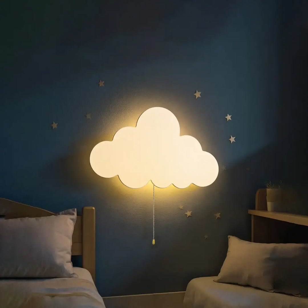 Applique murale nuage blanche douce avec lumière jaune chaude et chaîne à tirer pour décoration intérieure