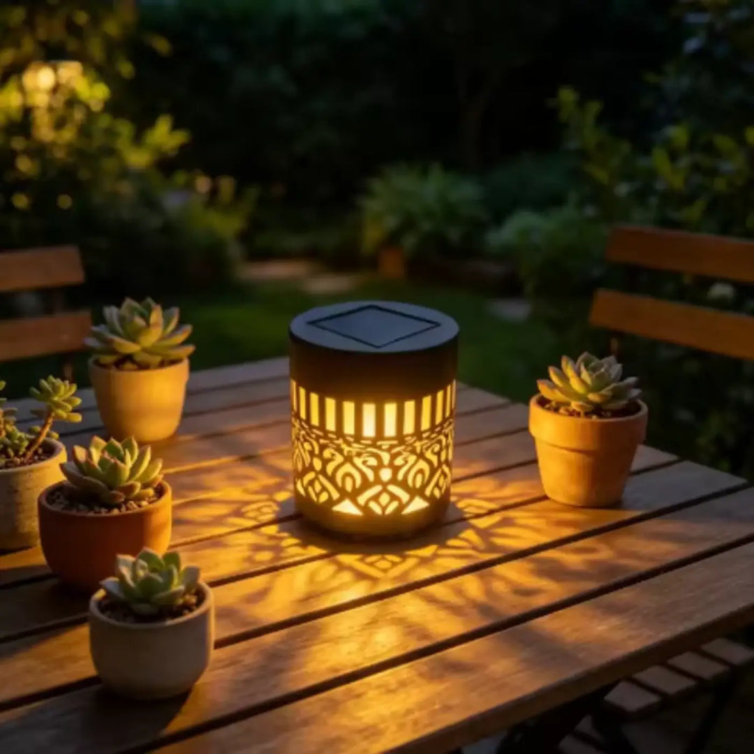 Lampe murale luminaire extérieur qualih avec panneau solaire et lanterne en métal noir à motifs découpés et charge complète