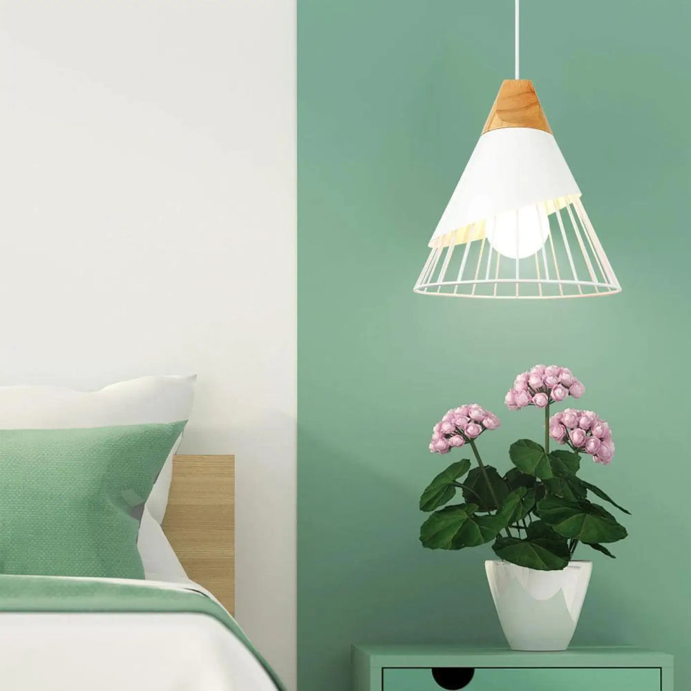 Lampe Suspendue Simple Cage Ajourée en Bois