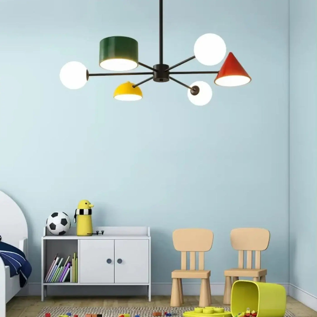 Suspension luminaire Contri moderne avec cadre noir et abat-jours géométriques colorés vert rouge jaune blanc