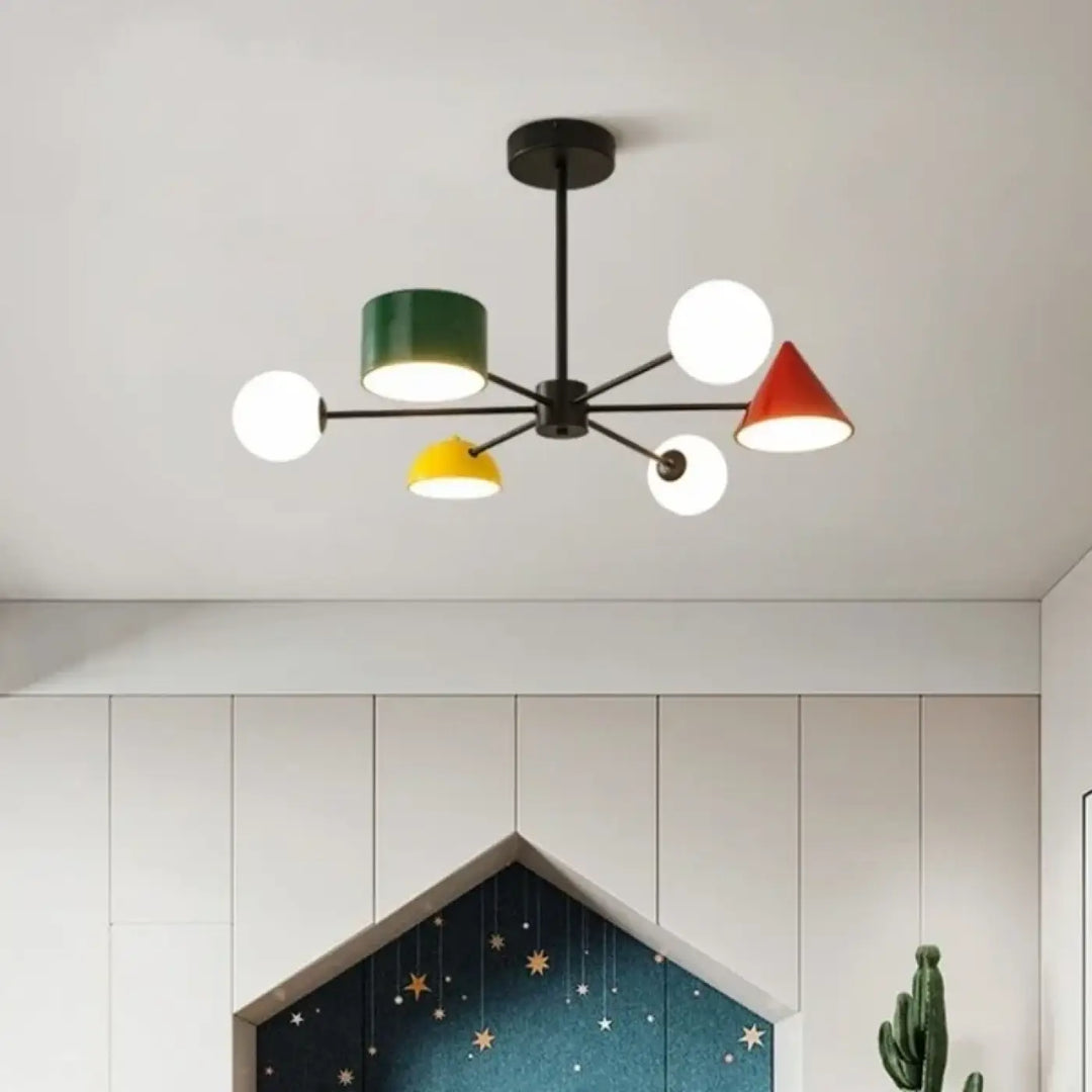 Suspension luminaire contri avec bras en métal noir et abat-jours géométriques colorés vert rouge jaune blanc