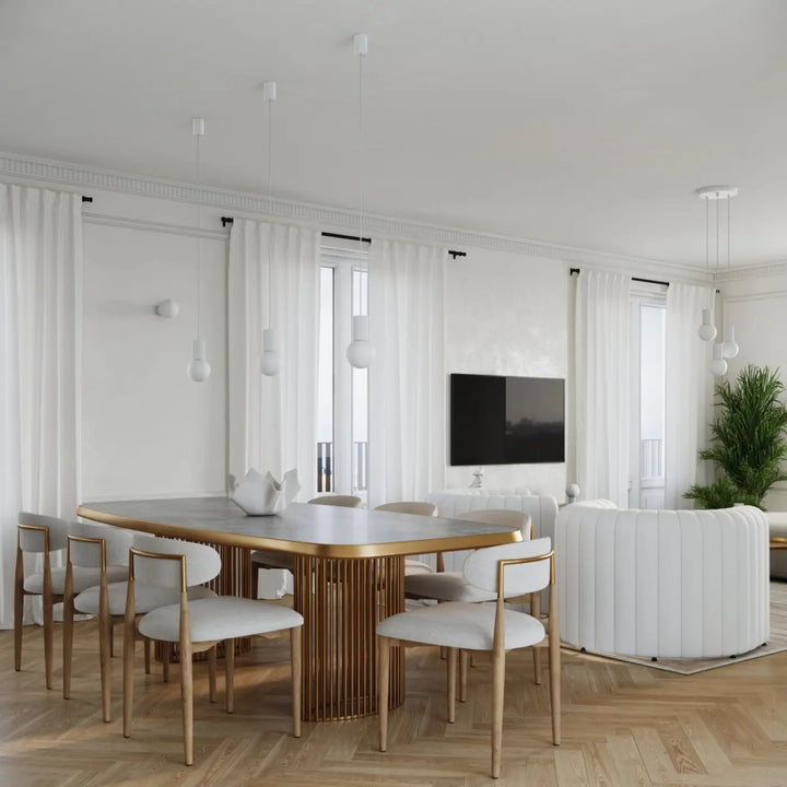 Lampe a poser halo blanc avec verre laiteux répond aux besoins en couleurs riche sur table à manger dorée marbre