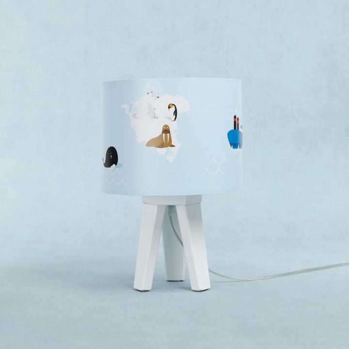 Lampe de table sweet dreams bleu clair avec base trépied blanc et illustrations d animaux arctiques pour lumière douce table enfant marron enfant aux