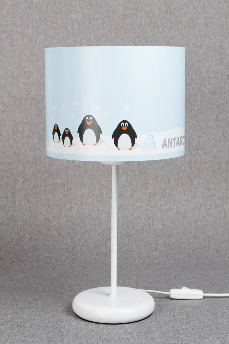Lampe de table sweet dreams bleu clair blanc noir avec abat-jour aux adorables manchots et inscription antarctica