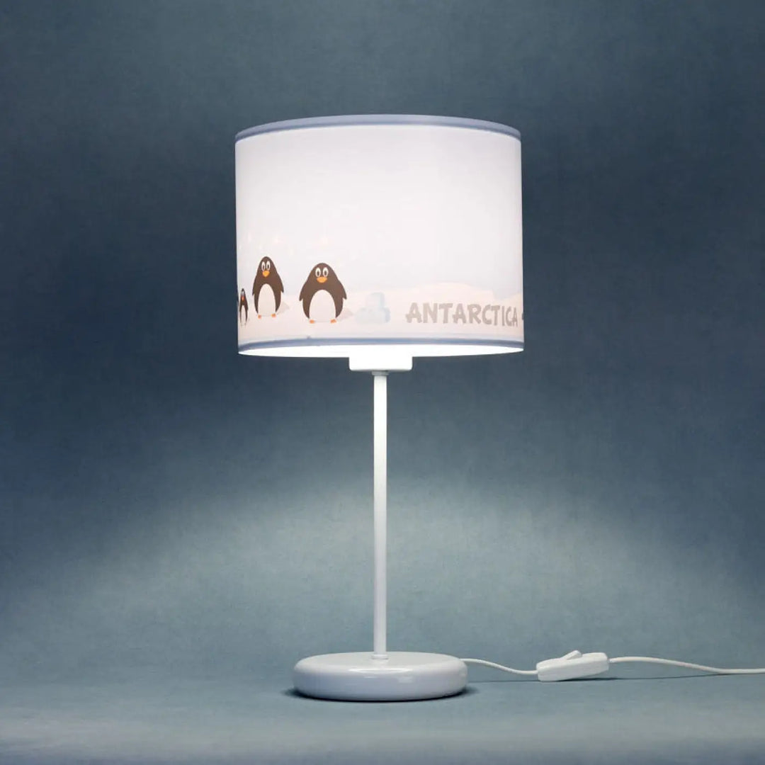 Lampe de table sweet dreams bleu clair blanc noir avec abat-jour cylindrique aux adorables manchots antarctica