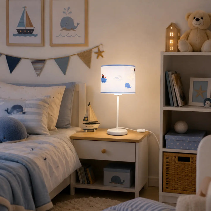 Lampe de table sweet dreams bleu clair blanc marron avec abat-jour décor marin doux sur table de chevet en bois participe à créer une ambiance apaisante