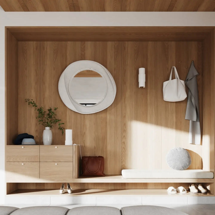 Lampe flash blanche avec miroir circulaire et cadre texturé en bois, conception unique avec feuille rotative