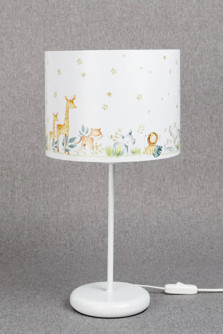 Lampe de table sweet dreams jaune aux animaux avec abat-jour blanc étoiles dorées et lumière douce pour chambre d’enfant