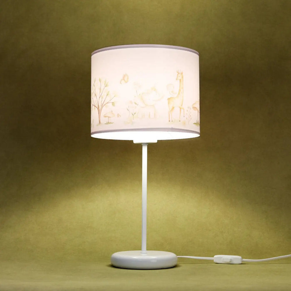 Lampe de table sweet dreams marron clair avec abat-jour cylindrique blanc à motifs animaux pour décoration intérieure